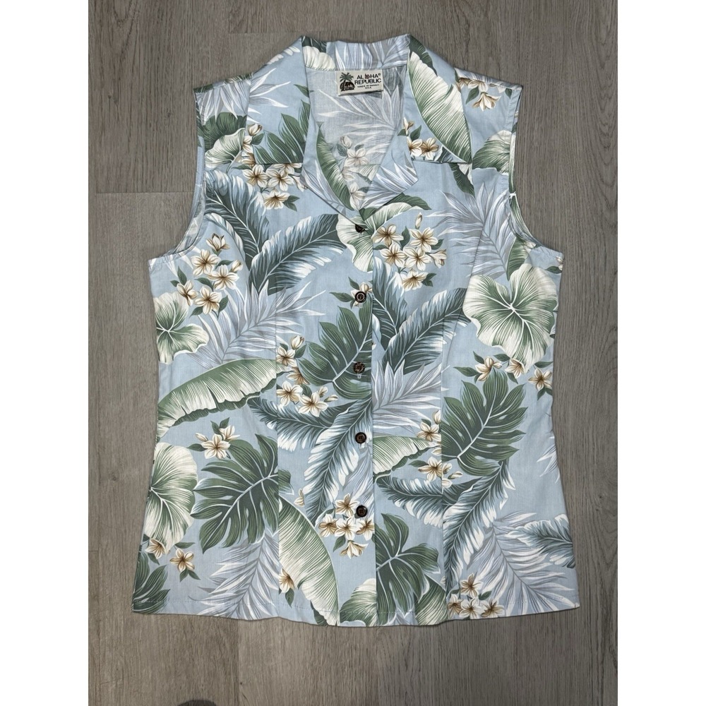 Aloha Republic Hawaiian Shirt Women's S Blue Hibiscus Floral Cotton Made in USA